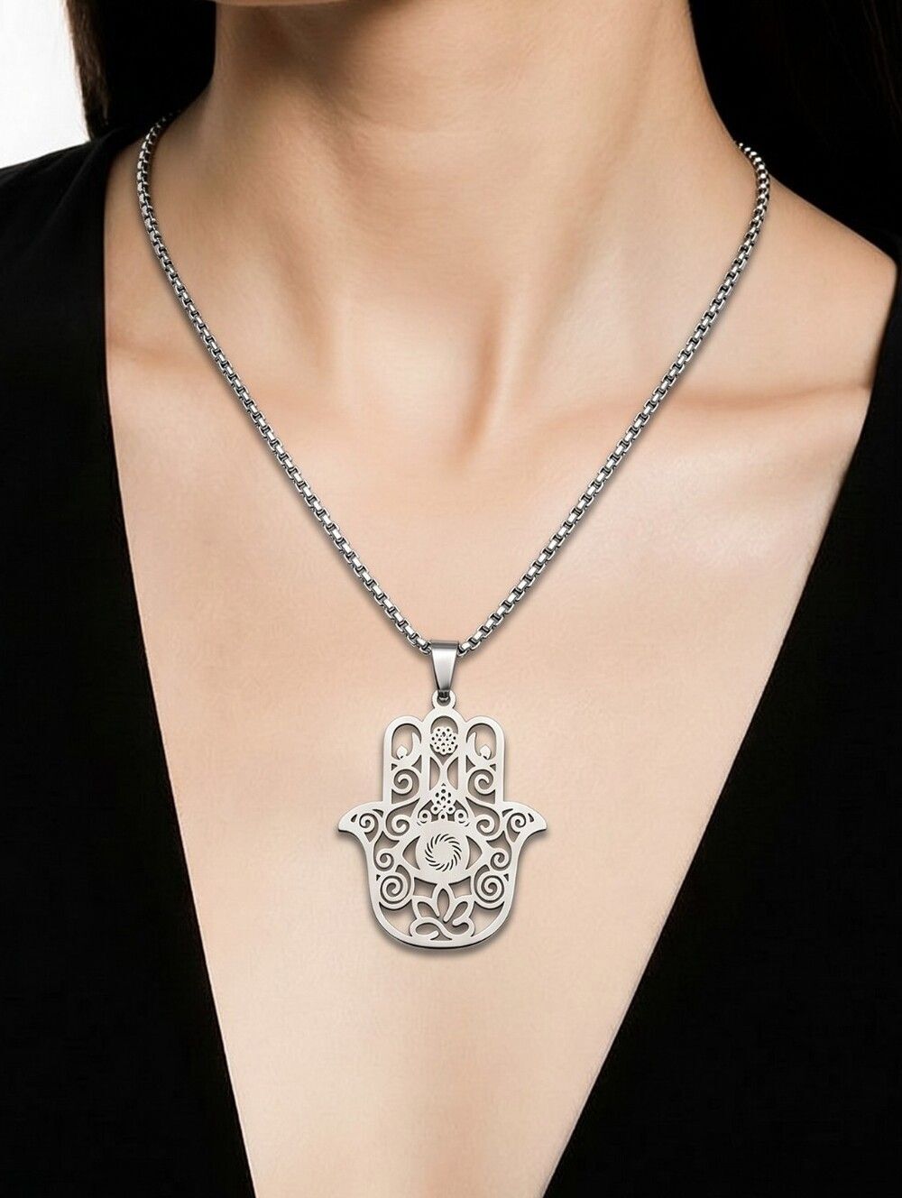 Silver Hamsa Flower of Life Pendant Necklace ✨ 24" Stainless Steel Fatima Hand